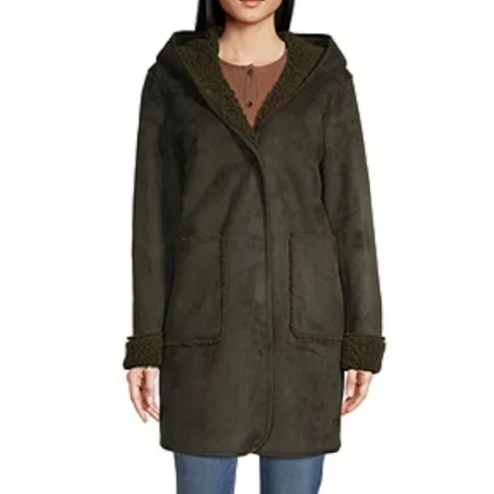 a.n.a Olive Teddy Jacket Faux Suede Sherpa With Hood Womens Size M